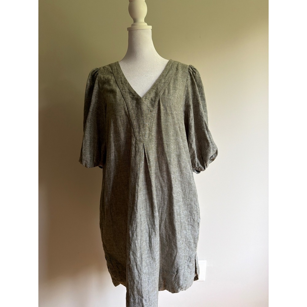 Cynthia Rowley Womens Linen Blend V-Neck Puff Sleeve Pocket Shift Dress Green M